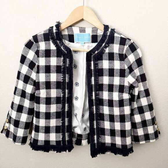 DRAPER JAMES | Shelby Jacket Navy White Check Plaid Tulle Trim Fringe | Size 4 - Picture 1 of 9